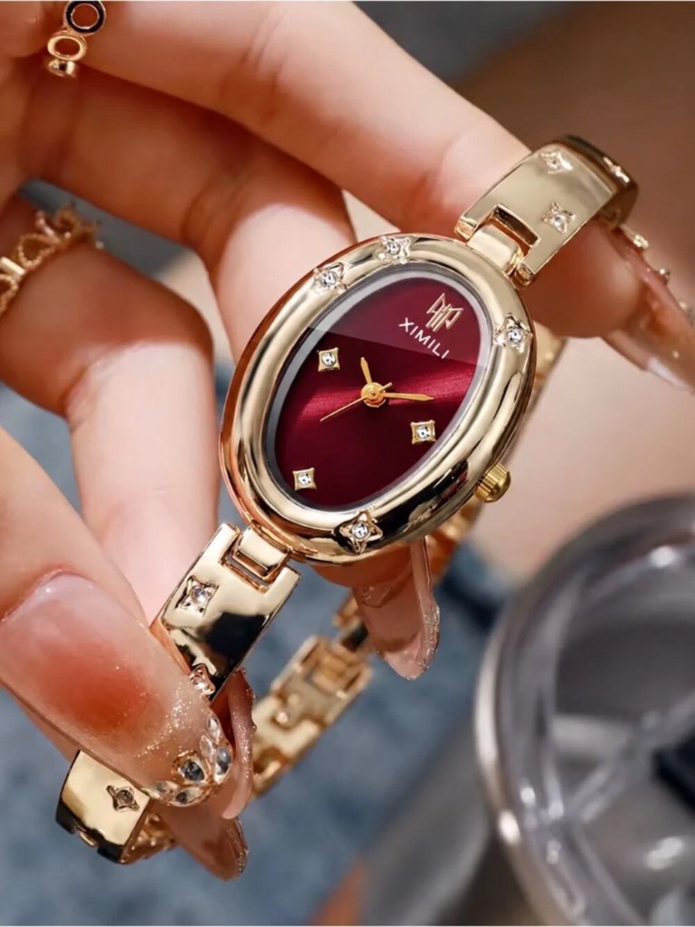 Gold Bracelet Women’s Watch with Burgundy Dial